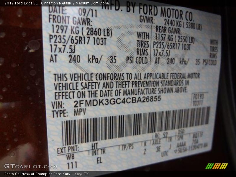 2012 Edge SE Cinnamon Metallic Color Code HT