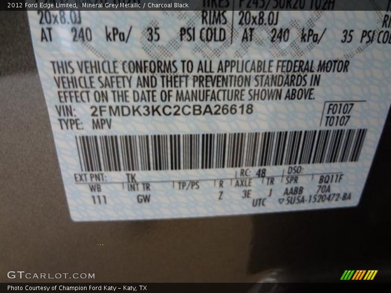 Mineral Grey Metallic / Charcoal Black 2012 Ford Edge Limited
