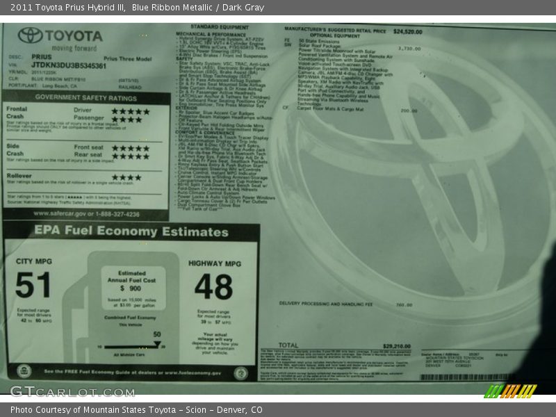 Blue Ribbon Metallic / Dark Gray 2011 Toyota Prius Hybrid III