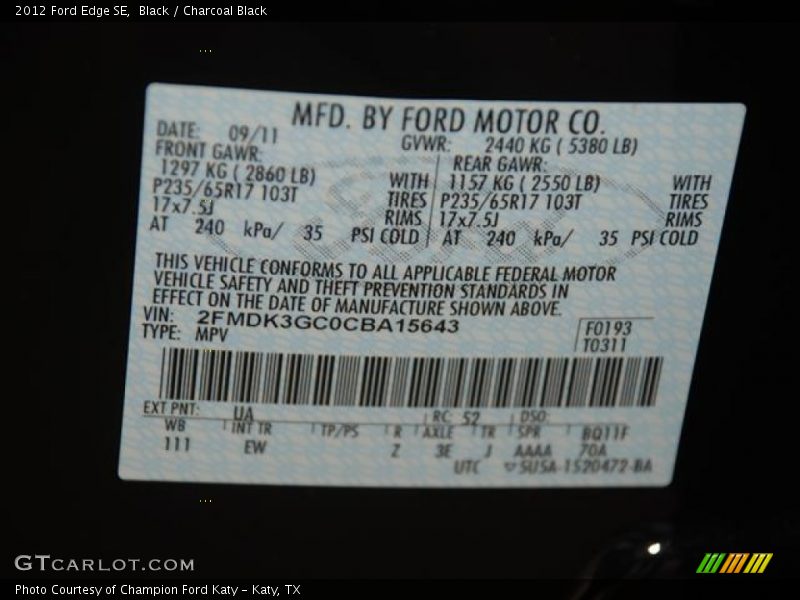 2012 Edge SE Black Color Code UA