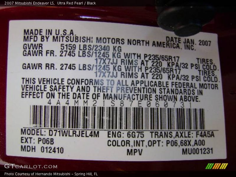 Ultra Red Pearl / Black 2007 Mitsubishi Endeavor LS