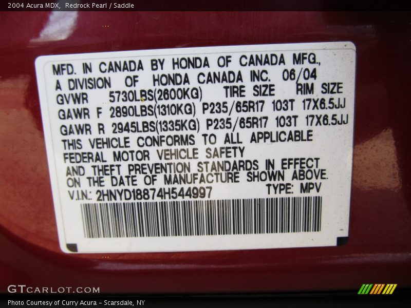 Info Tag of 2004 MDX 