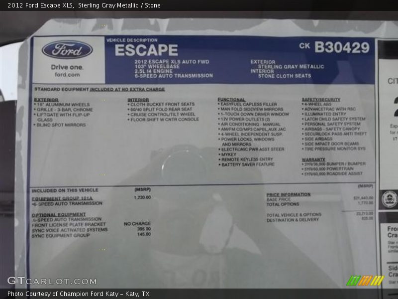  2012 Escape XLS Window Sticker