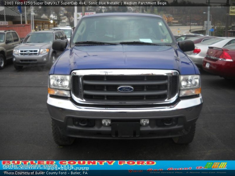 Sonic Blue Metallic / Medium Parchment Beige 2003 Ford F250 Super Duty XLT SuperCab 4x4