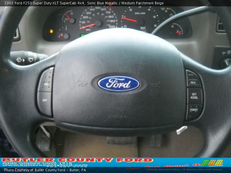 Sonic Blue Metallic / Medium Parchment Beige 2003 Ford F250 Super Duty XLT SuperCab 4x4
