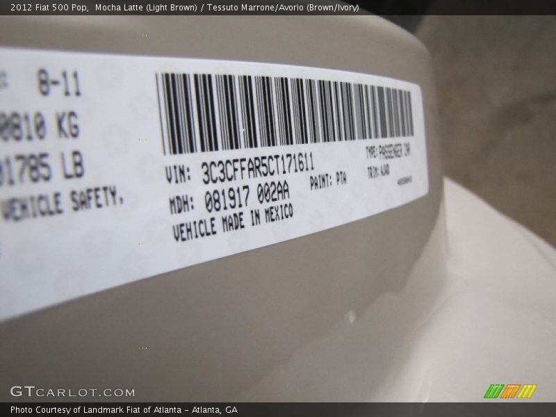 2012 500 Pop Mocha Latte (Light Brown) Color Code PTA