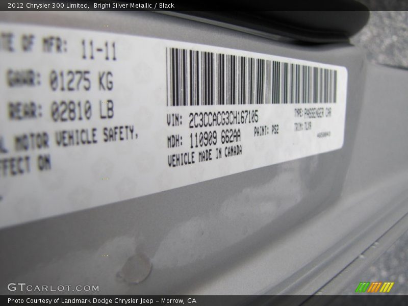 Bright Silver Metallic / Black 2012 Chrysler 300 Limited