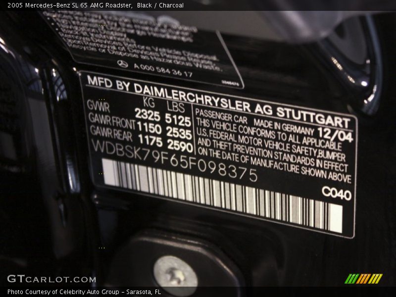 2005 SL 65 AMG Roadster Black Color Code 040