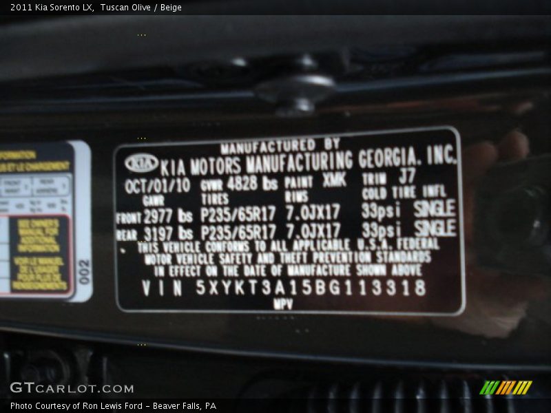 Tuscan Olive / Beige 2011 Kia Sorento LX