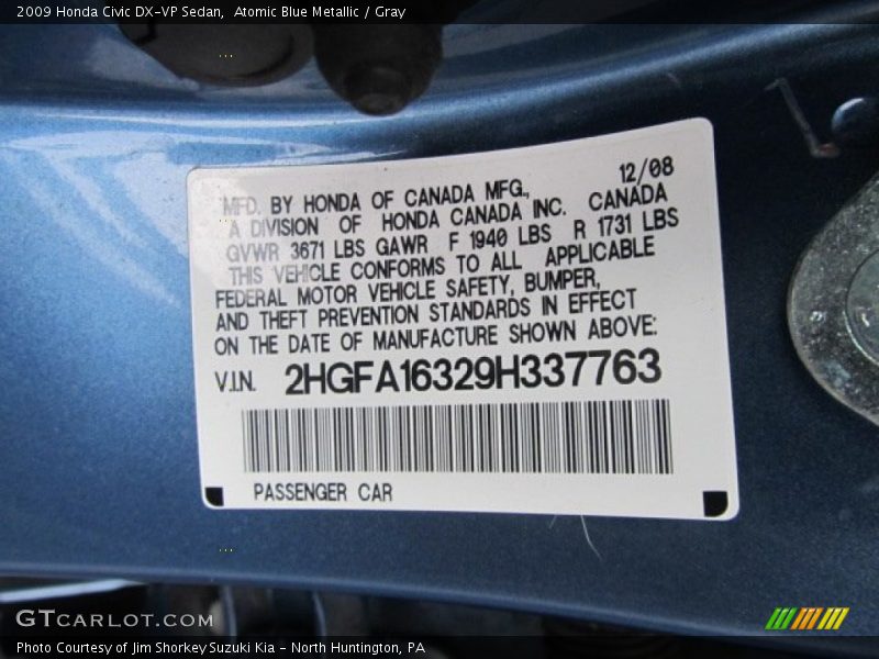 Atomic Blue Metallic / Gray 2009 Honda Civic DX-VP Sedan