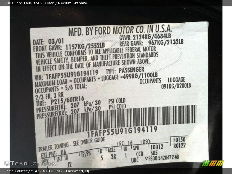 Black / Medium Graphite 2001 Ford Taurus SES
