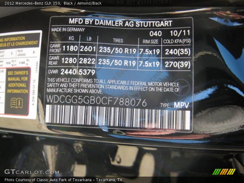 Black / Almond/Black 2012 Mercedes-Benz GLK 350
