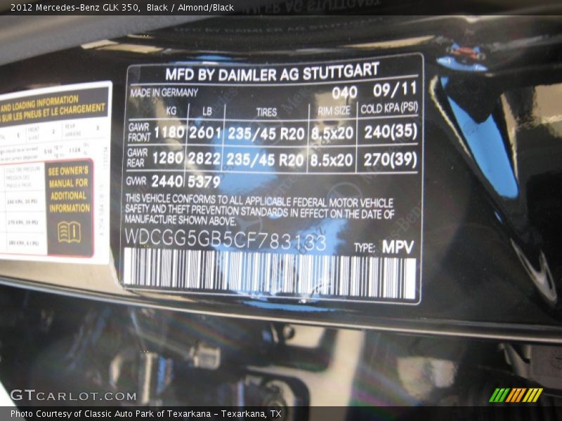 Black / Almond/Black 2012 Mercedes-Benz GLK 350