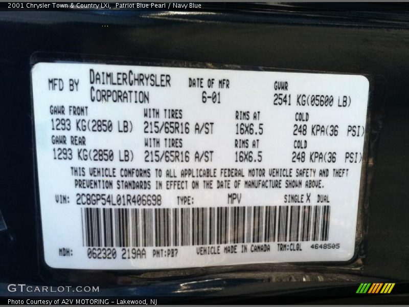 2001 Town & Country LXi Patriot Blue Pearl Color Code PB7