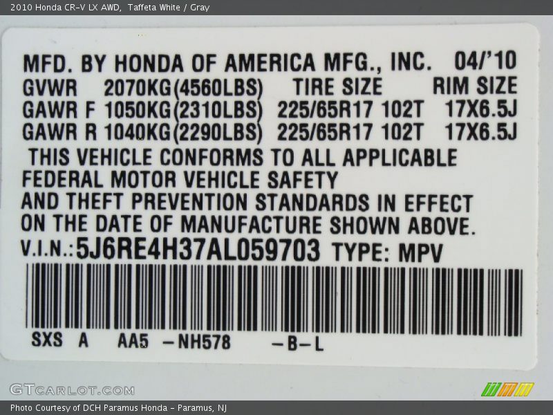 Taffeta White / Gray 2010 Honda CR-V LX AWD