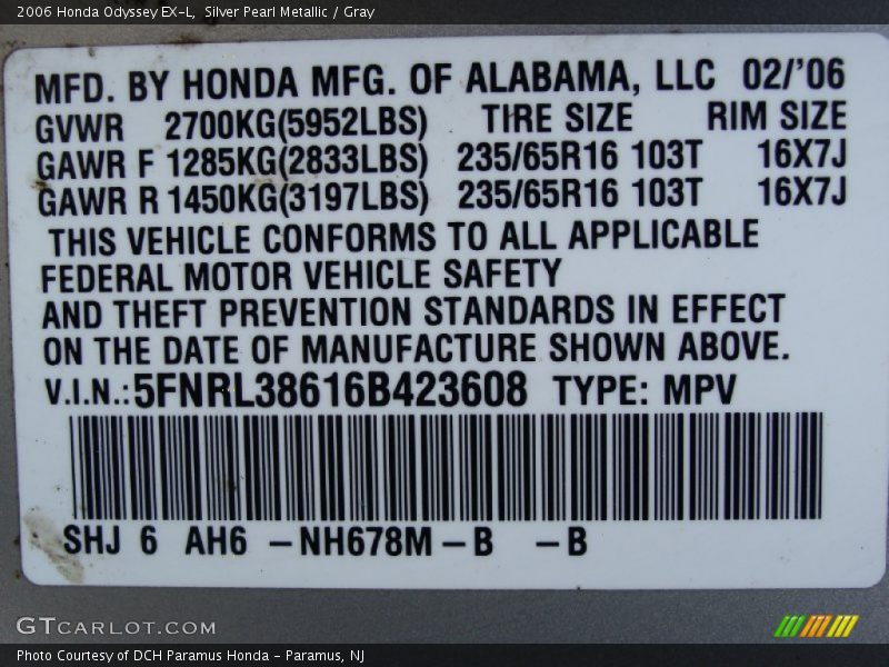 Silver Pearl Metallic / Gray 2006 Honda Odyssey EX-L