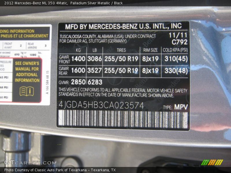 Palladium Silver Metallic / Black 2012 Mercedes-Benz ML 350 4Matic