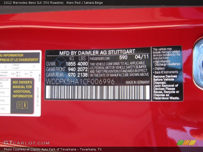 Mars Red / Sahara Beige 2012 Mercedes-Benz SLK 350 Roadster