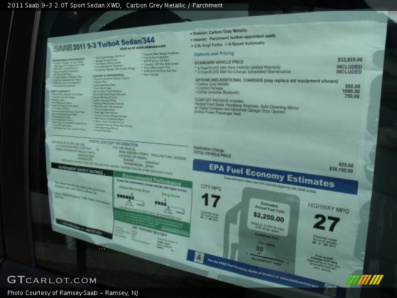  2011 9-3 2.0T Sport Sedan XWD Window Sticker