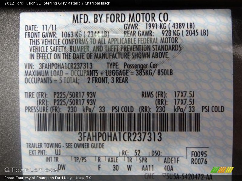 Sterling Grey Metallic / Charcoal Black 2012 Ford Fusion SE