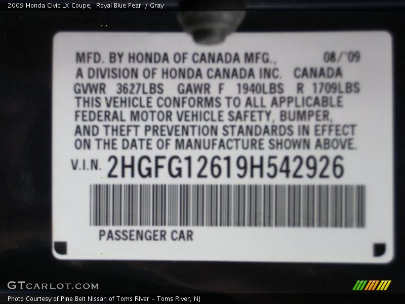 Royal Blue Pearl / Gray 2009 Honda Civic LX Coupe
