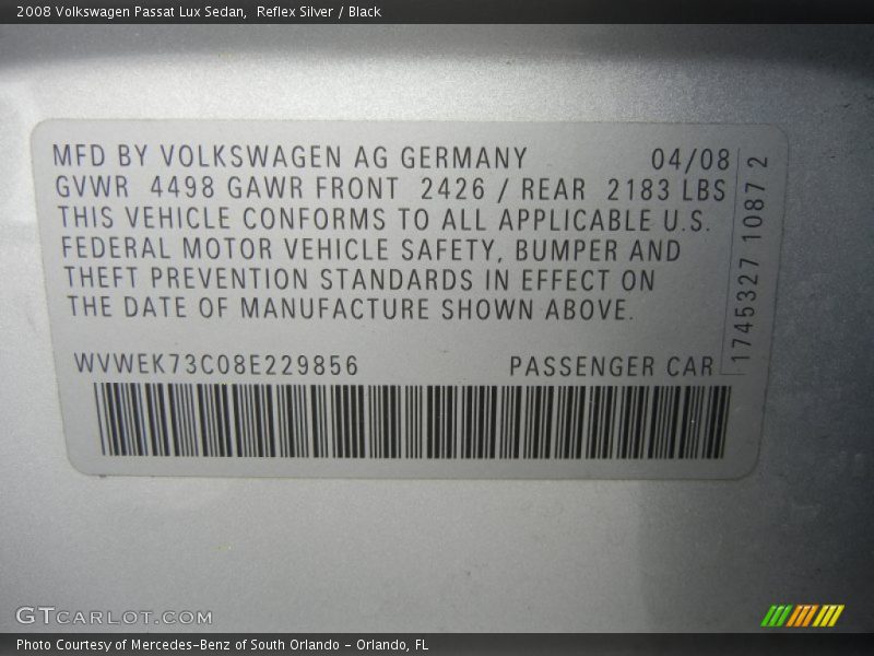 Reflex Silver / Black 2008 Volkswagen Passat Lux Sedan