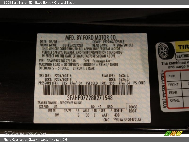 2008 Fusion SE Black Ebony Color Code UA