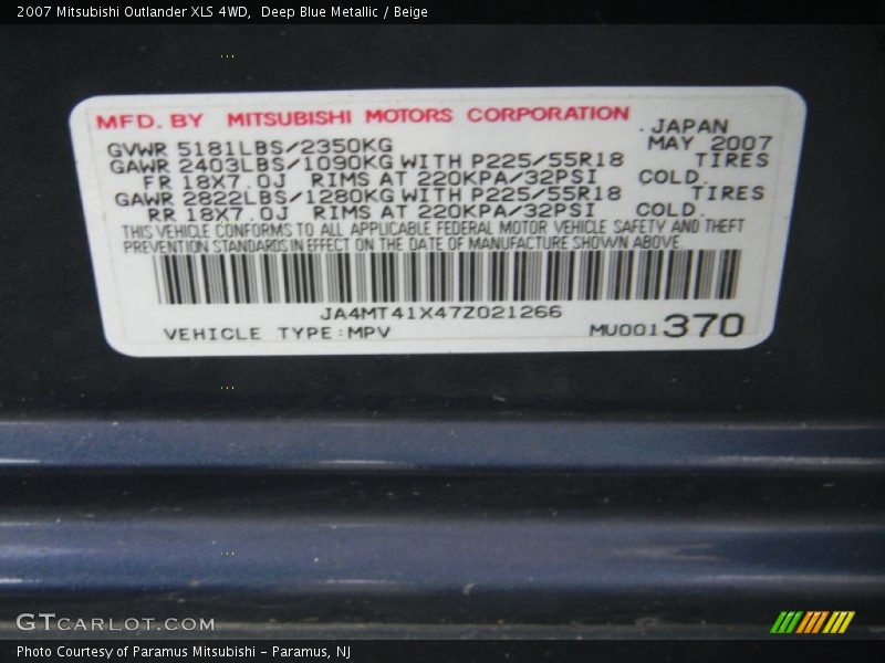 Deep Blue Metallic / Beige 2007 Mitsubishi Outlander XLS 4WD