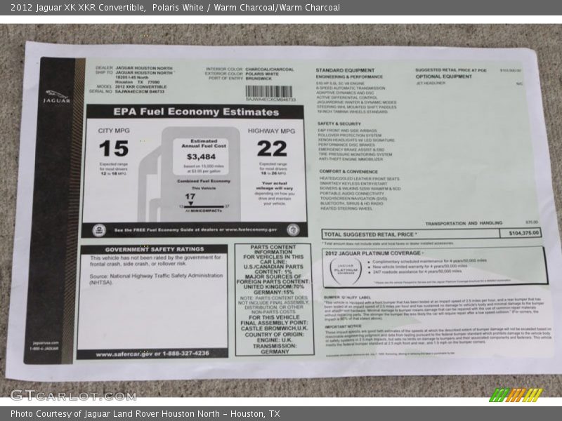 MSRP and EPA Estimates - 2012 Jaguar XK XKR Convertible