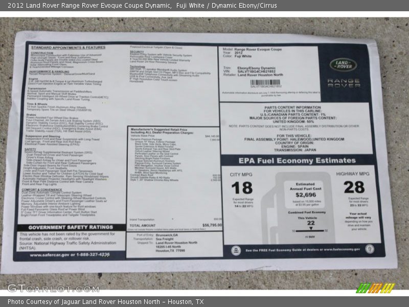  2012 Range Rover Evoque Coupe Dynamic Window Sticker