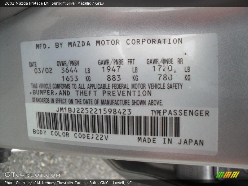 2002 Protege LX Sunlight Silver Metallic Color Code 22V