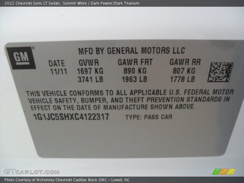 Summit White / Dark Pewter/Dark Titanium 2012 Chevrolet Sonic LT Sedan