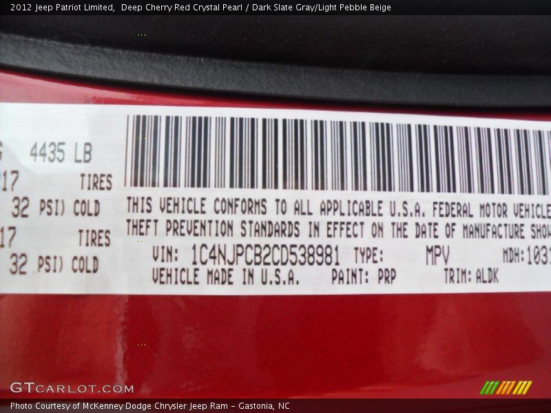2012 Patriot Limited Deep Cherry Red Crystal Pearl Color Code PRP