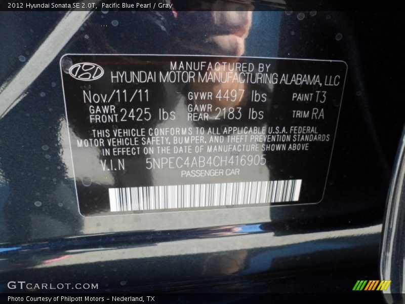 2012 Sonata SE 2.0T Pacific Blue Pearl Color Code T3