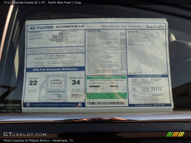  2012 Sonata SE 2.0T Window Sticker