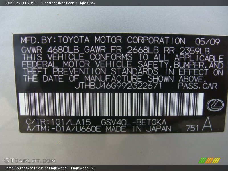 Tungsten Silver Pearl / Light Gray 2009 Lexus ES 350