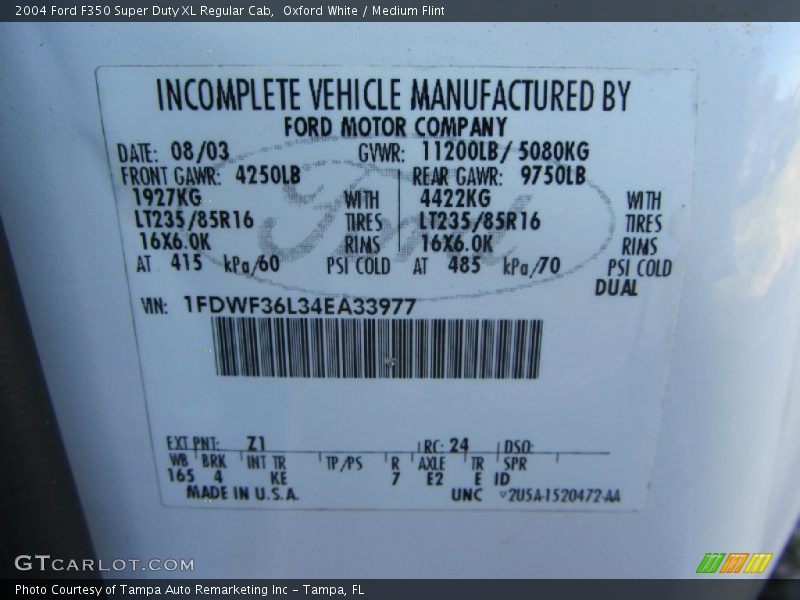 2004 F350 Super Duty XL Regular Cab Oxford White Color Code Z1