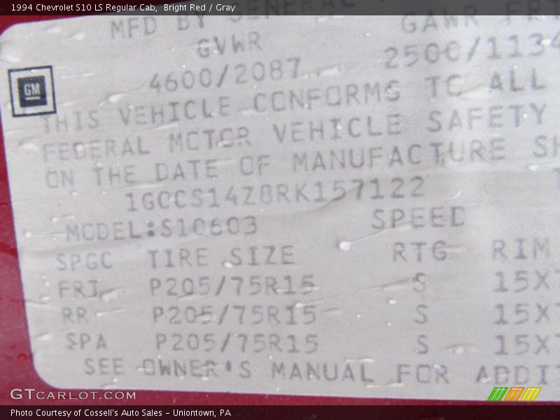 Info Tag of 1994 S10 LS Regular Cab
