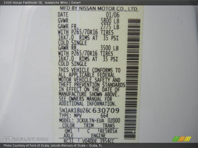 2006 Pathfinder SE Avalanche White Color Code QM1