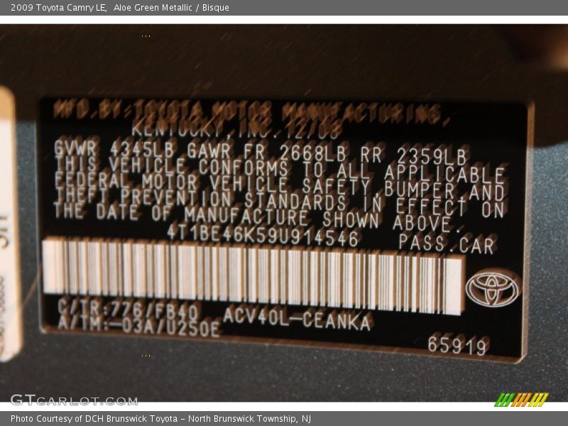 2009 Camry LE Aloe Green Metallic Color Code 776