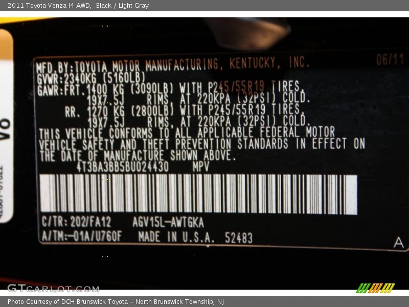 2011 Venza I4 AWD Black Color Code 202