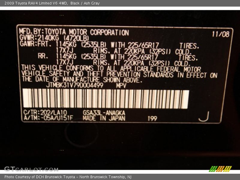 2009 RAV4 Limited V6 4WD Black Color Code 202