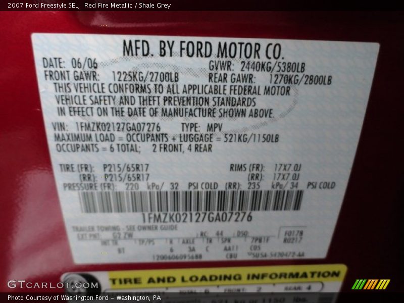 2007 Freestyle SEL Red Fire Metallic Color Code G2