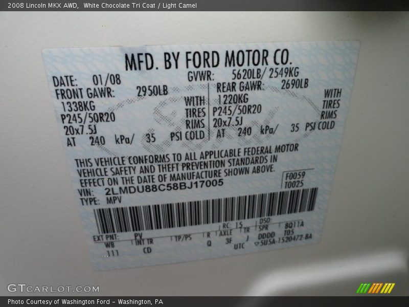 2008 MKX AWD White Chocolate Tri Coat Color Code PV