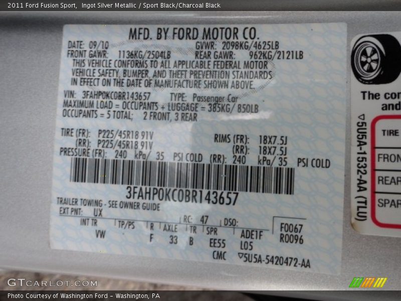 2011 Fusion Sport Ingot Silver Metallic Color Code UX