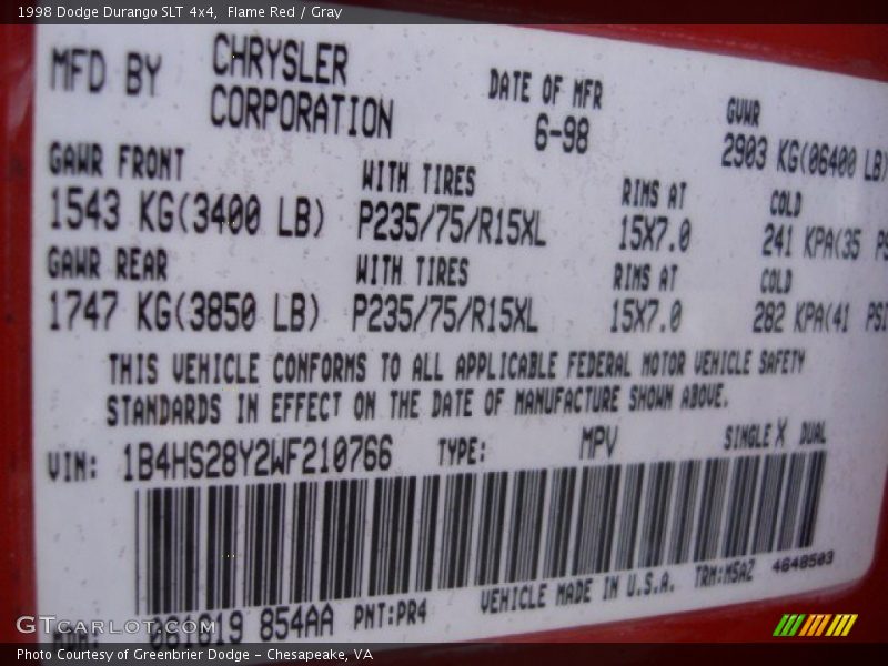 1998 Durango SLT 4x4 Flame Red Color Code PR4