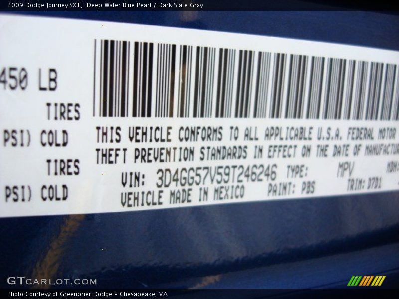 2009 Journey SXT Deep Water Blue Pearl Color Code PBS