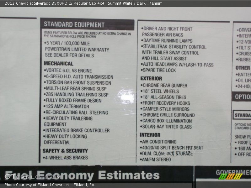  2012 Silverado 3500HD LS Regular Cab 4x4 Window Sticker