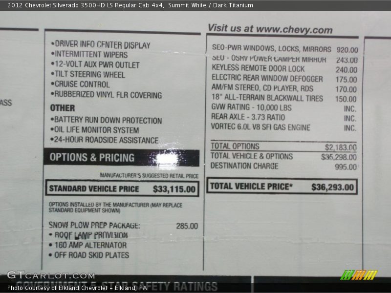  2012 Silverado 3500HD LS Regular Cab 4x4 Window Sticker