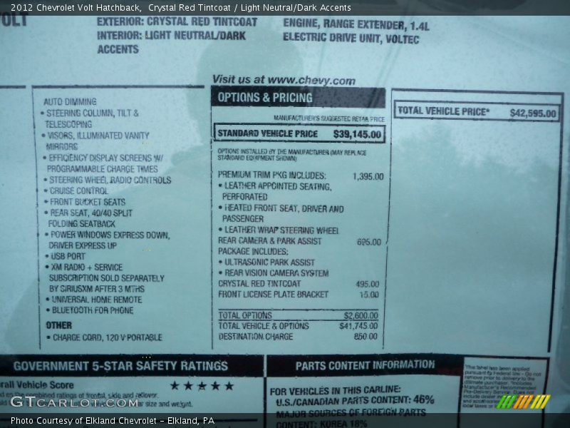  2012 Volt Hatchback Window Sticker